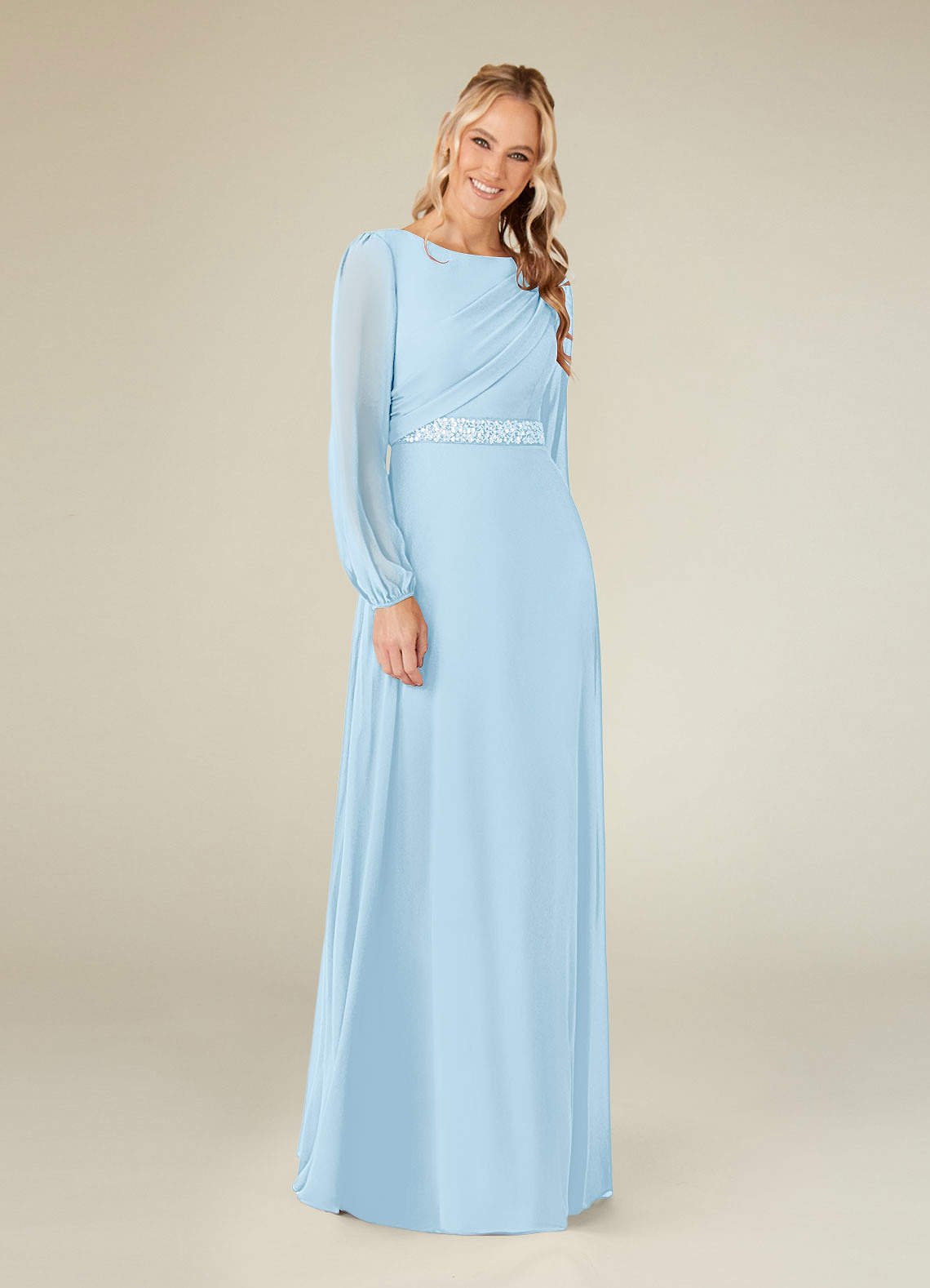 Priyanka A-Line Boat-Neck Chiffon Mother of the Bride Dress in Sky Blue