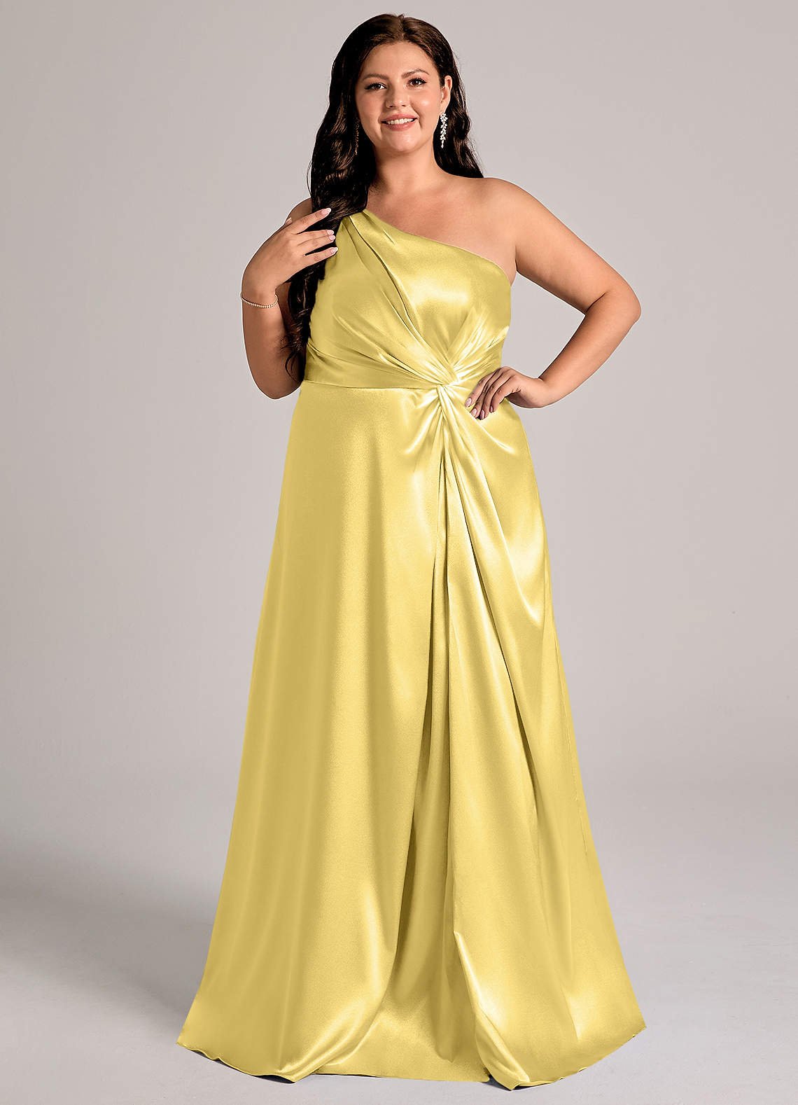 Brooke A-Line One-Shoulder Metallic Satin Bridesmaid Dress in Canary
