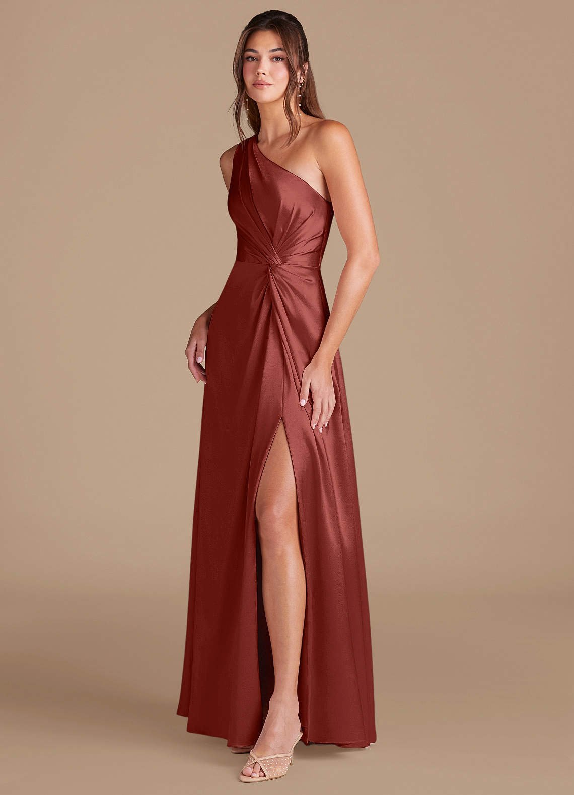 Brooke A-Line One-Shoulder Metallic Satin Bridesmaid Dress in Terracotta