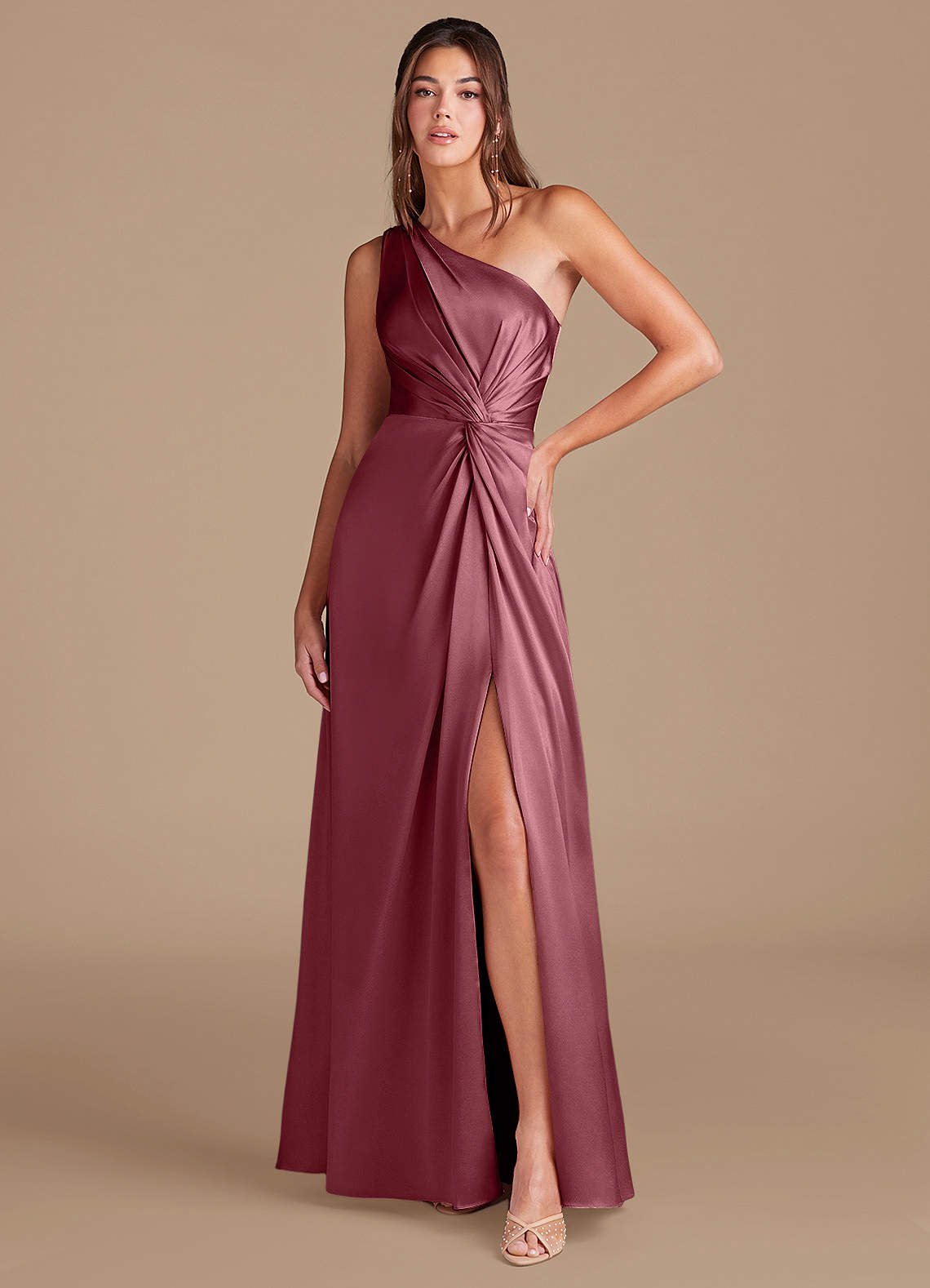 Brooke A-Line One-Shoulder Metallic Satin Bridesmaid Dress in Desert Rose