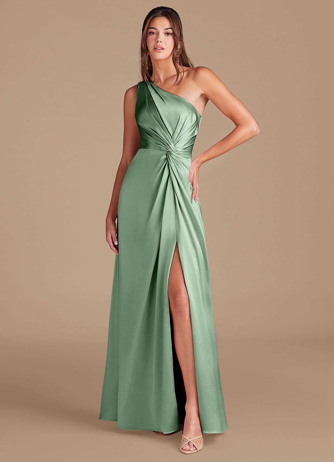 Brooke A-Line One-Shoulder Metallic Satin Bridesmaid Dress in Matcha
