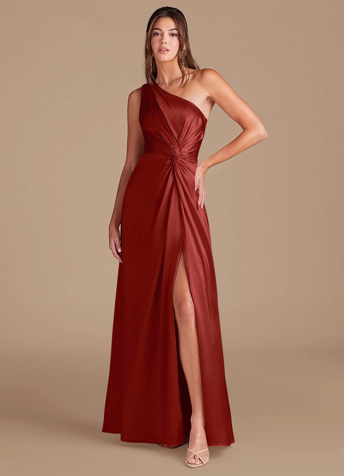 Brooke A-Line One-Shoulder Metallic Satin Bridesmaid Dress in Rust