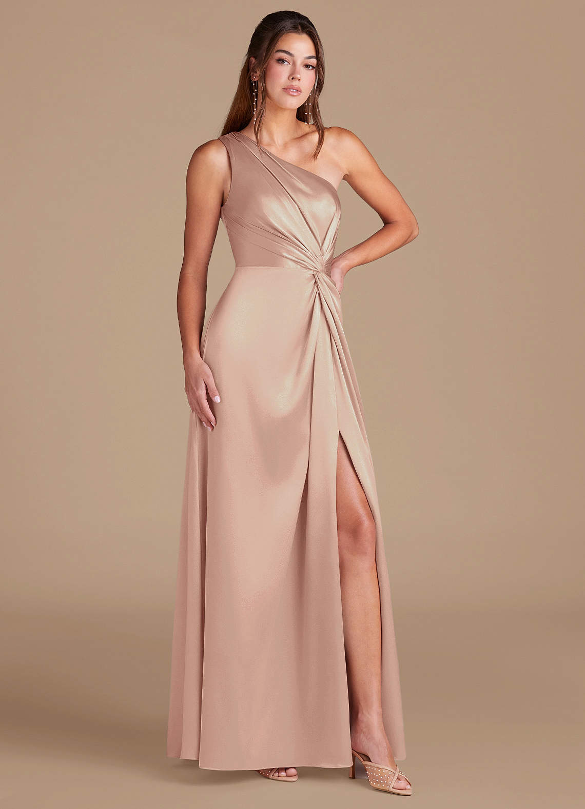 Brooke A-Line One-Shoulder Metallic Satin Bridesmaid Dress in English Rose