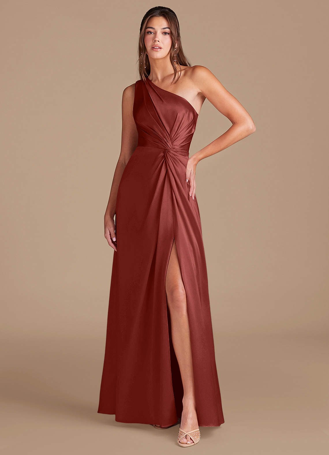 Brooke A-Line One-Shoulder Metallic Satin Bridesmaid Dress in Terracotta