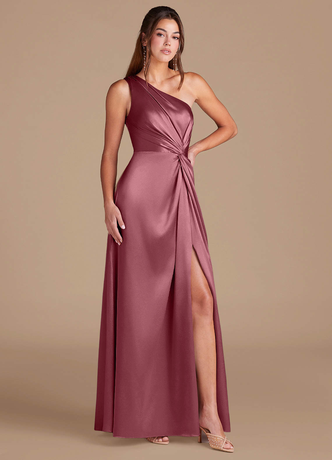 Brooke A-Line One-Shoulder Metallic Satin Bridesmaid Dress in Desert Rose