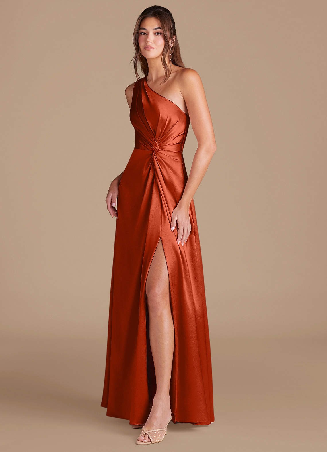 Brooke A-Line One-Shoulder Metallic Satin Bridesmaid Dress in Paprika