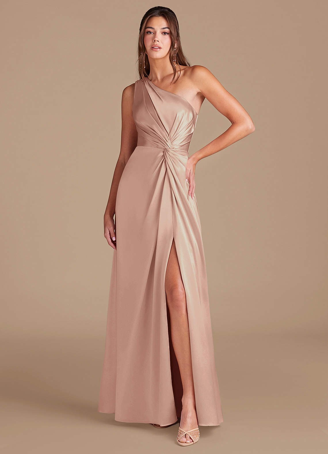 Brooke A-Line One-Shoulder Metallic Satin Bridesmaid Dress in English Rose