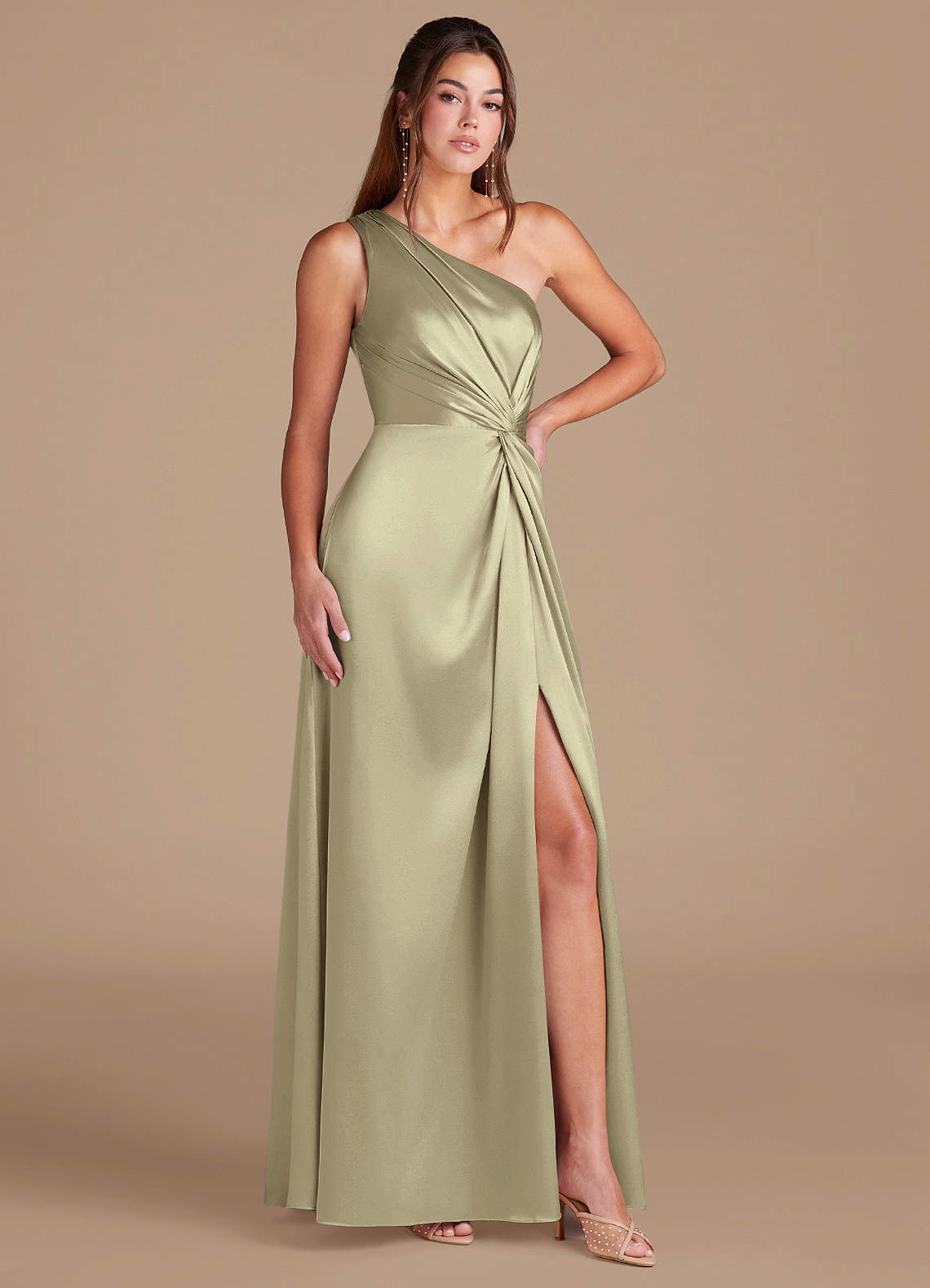 Brooke A-Line One-Shoulder Metallic Satin Bridesmaid Dress in Moss Green