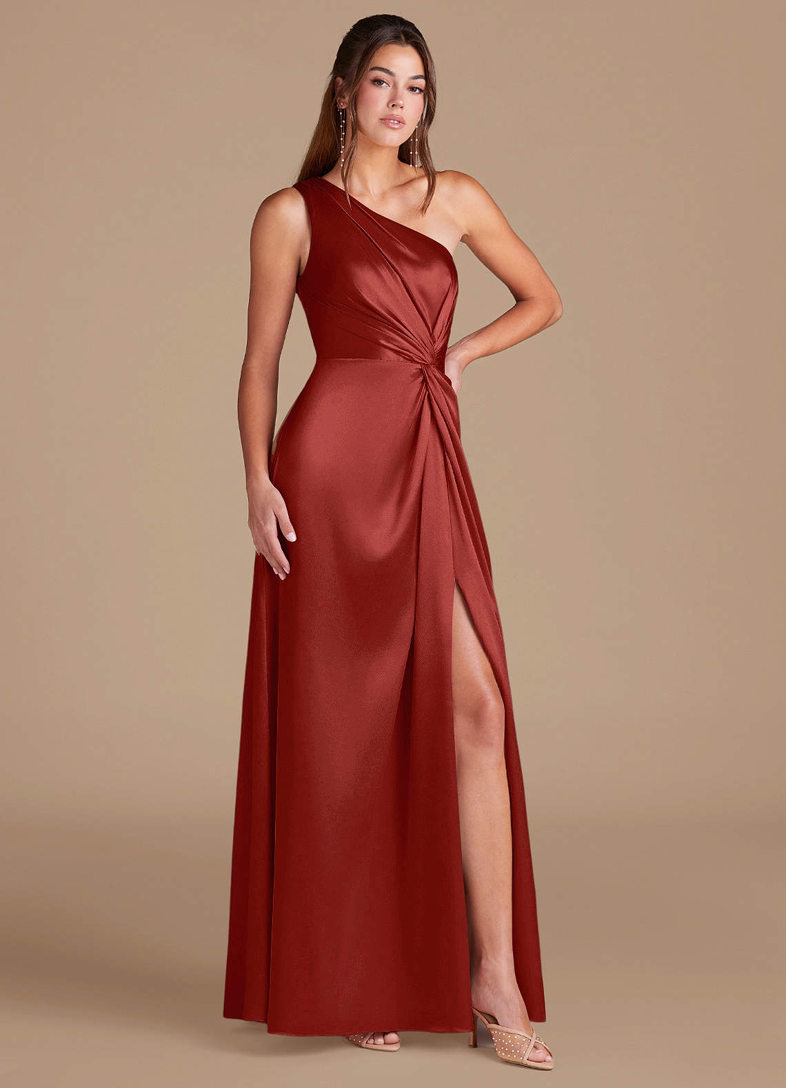 Brooke A-Line One-Shoulder Metallic Satin Bridesmaid Dress in Rust
