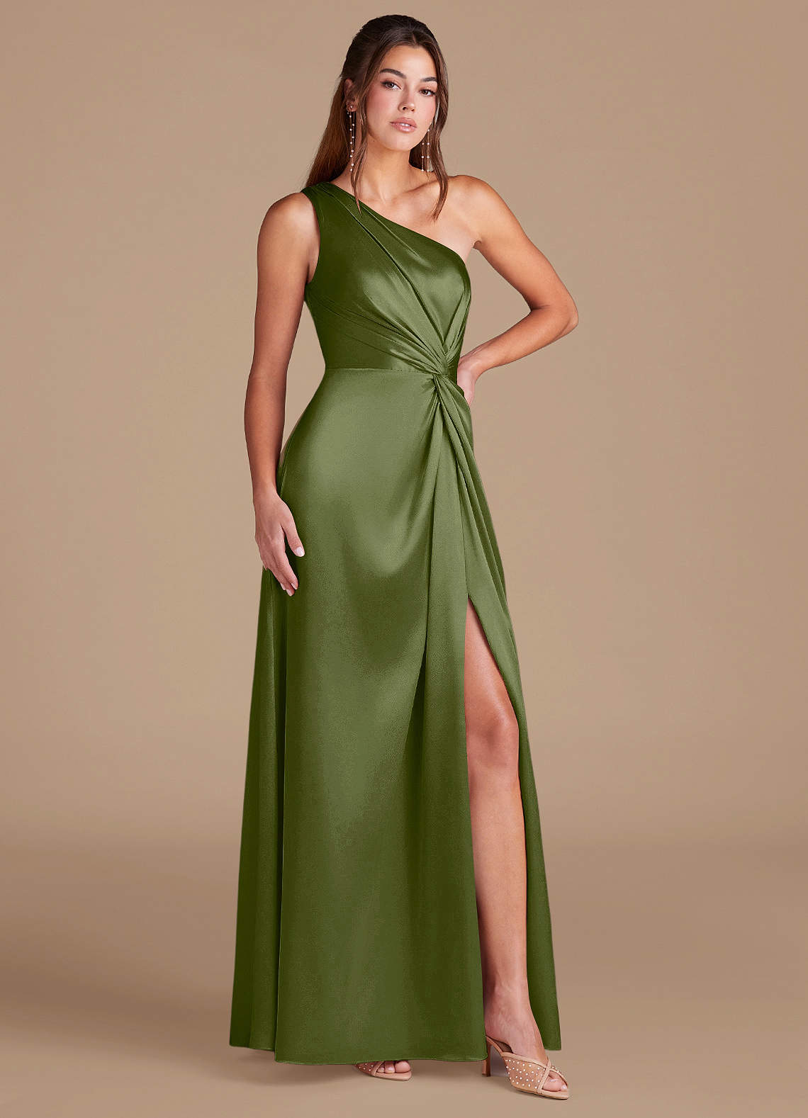 Brooke A-Line One-Shoulder Metallic Satin Bridesmaid Dress in Olive