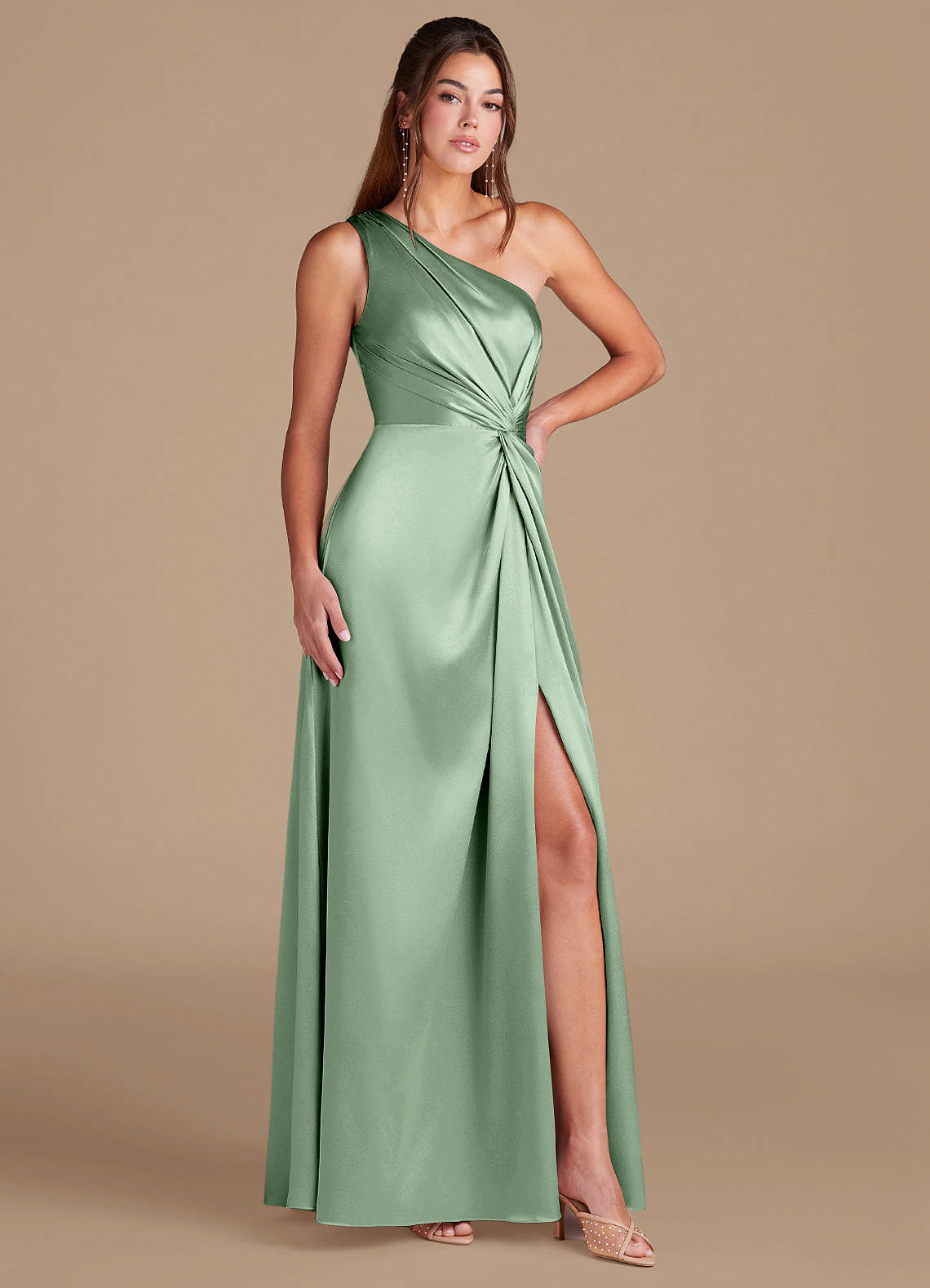 Brooke A-Line One-Shoulder Metallic Satin Bridesmaid Dress in Matcha