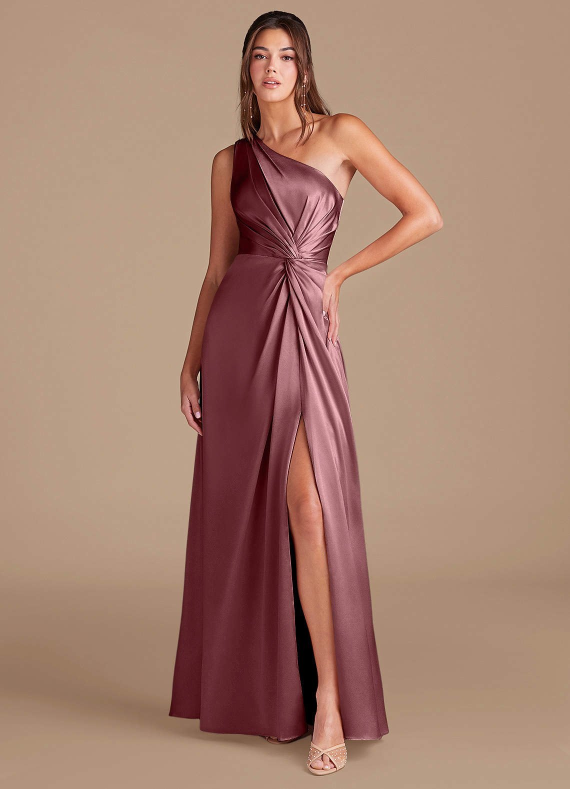 Brooke A-Line One-Shoulder Metallic Satin Bridesmaid Dress in Vintage Mauve