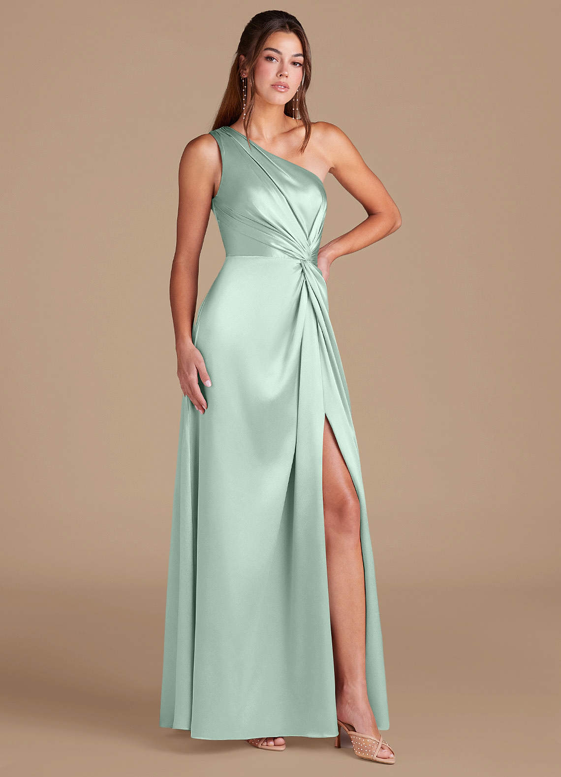 Brooke A-Line One-Shoulder Metallic Satin Bridesmaid Dress in Agave