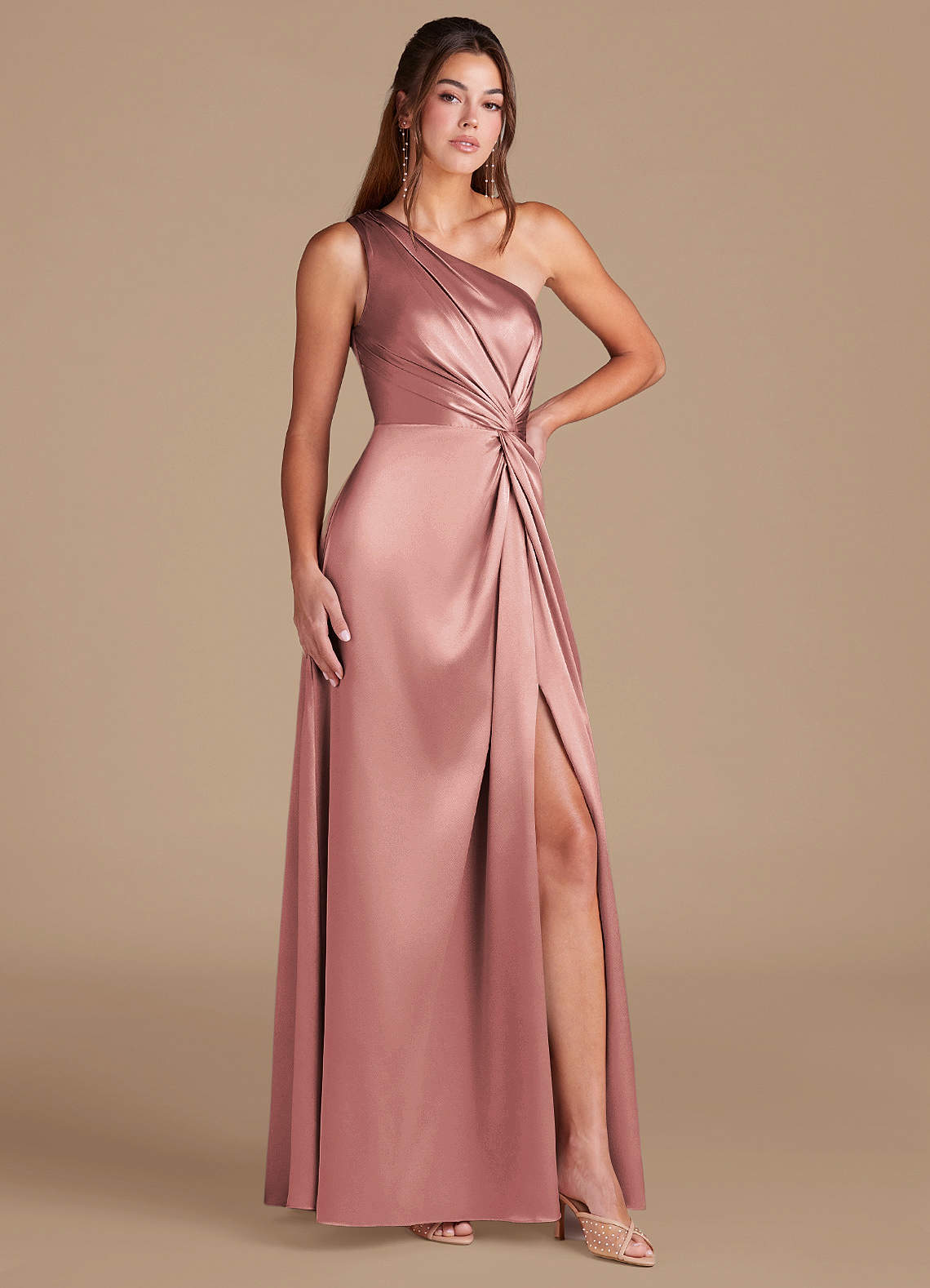 Brooke A-Line One-Shoulder Metallic Satin Bridesmaid Dress in dusty rose