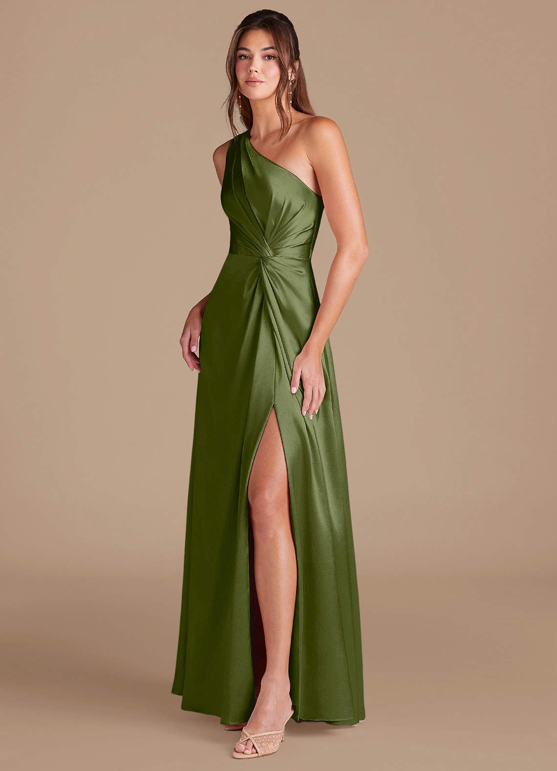 Brooke A-Line One-Shoulder Metallic Satin Bridesmaid Dress in Olive