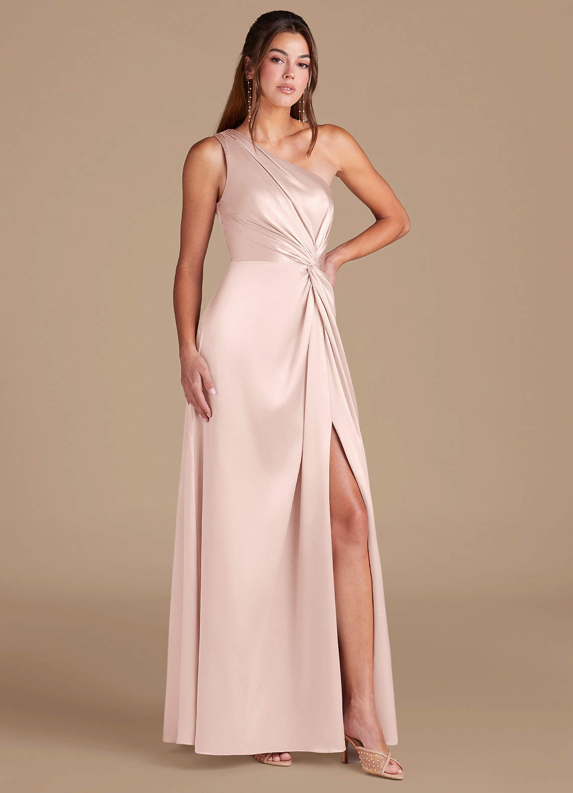 Brooke A-Line One-Shoulder Metallic Satin Bridesmaid Dress in Blushing Pink