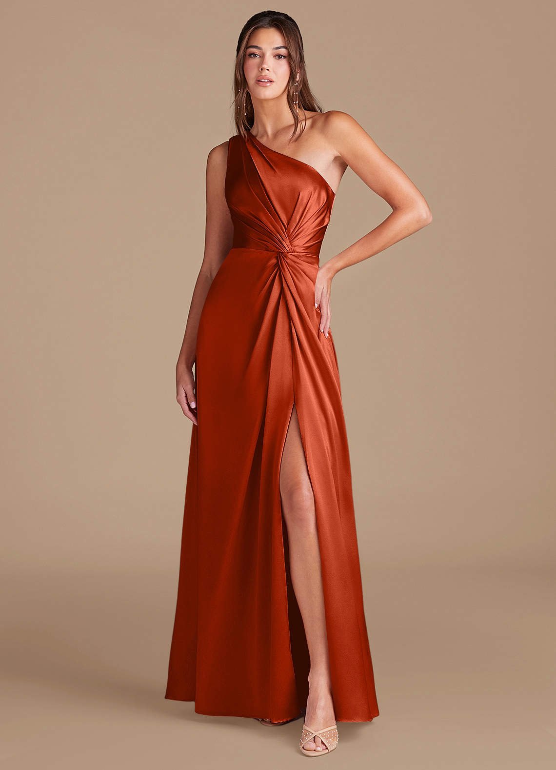 Brooke A-Line One-Shoulder Metallic Satin Bridesmaid Dress in Paprika