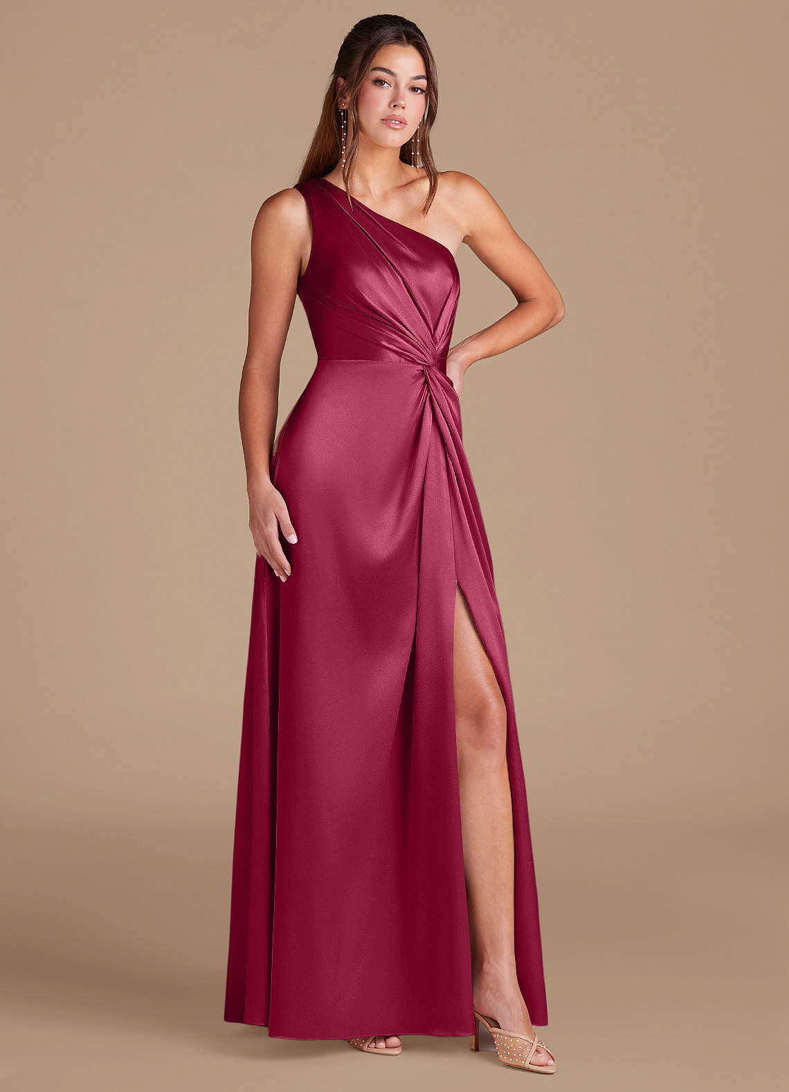 Brooke A-Line One-Shoulder Metallic Satin Bridesmaid Dress in Burgundy