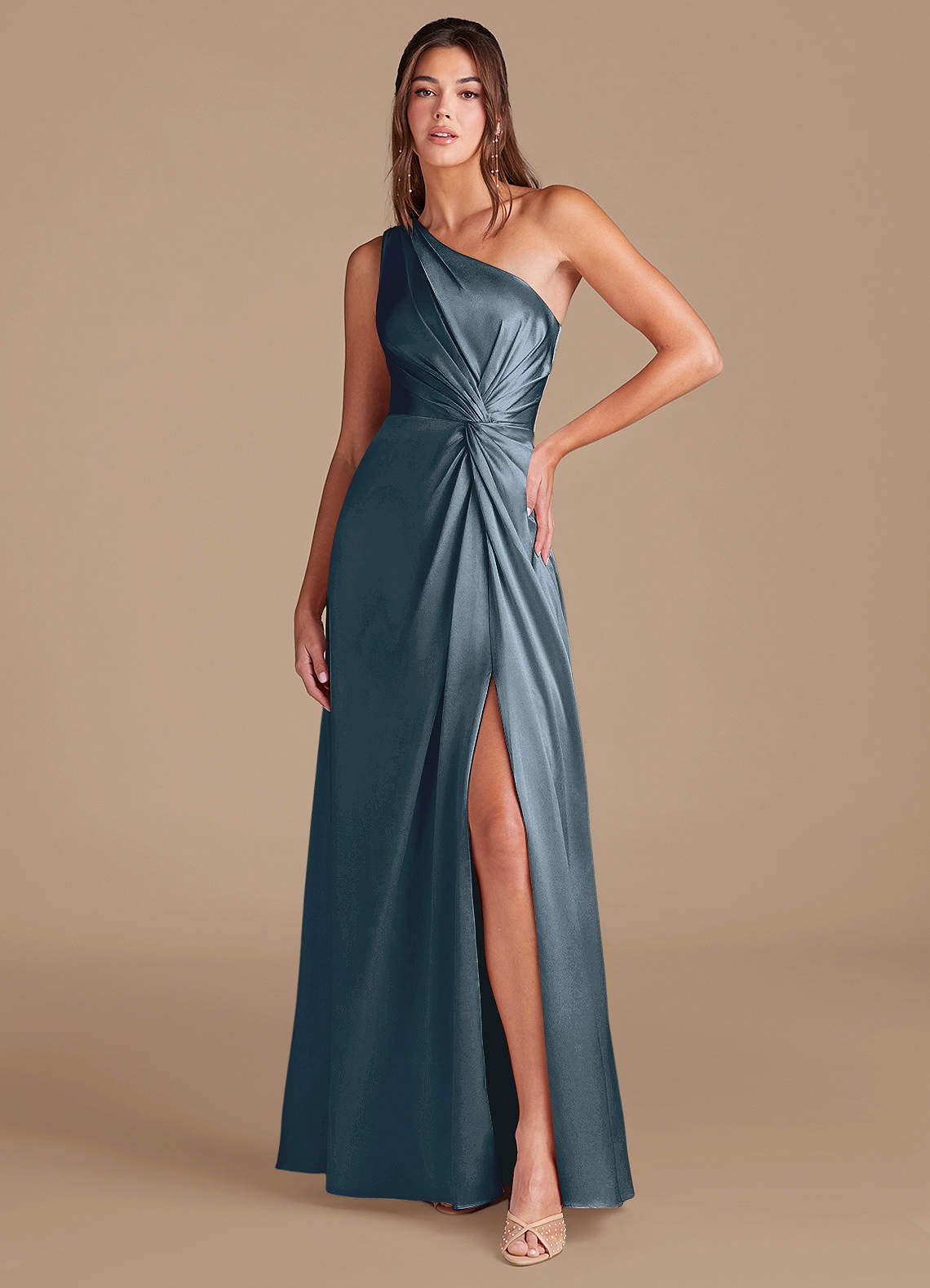 Brooke A-Line One-Shoulder Metallic Satin Bridesmaid Dress in Twilight
