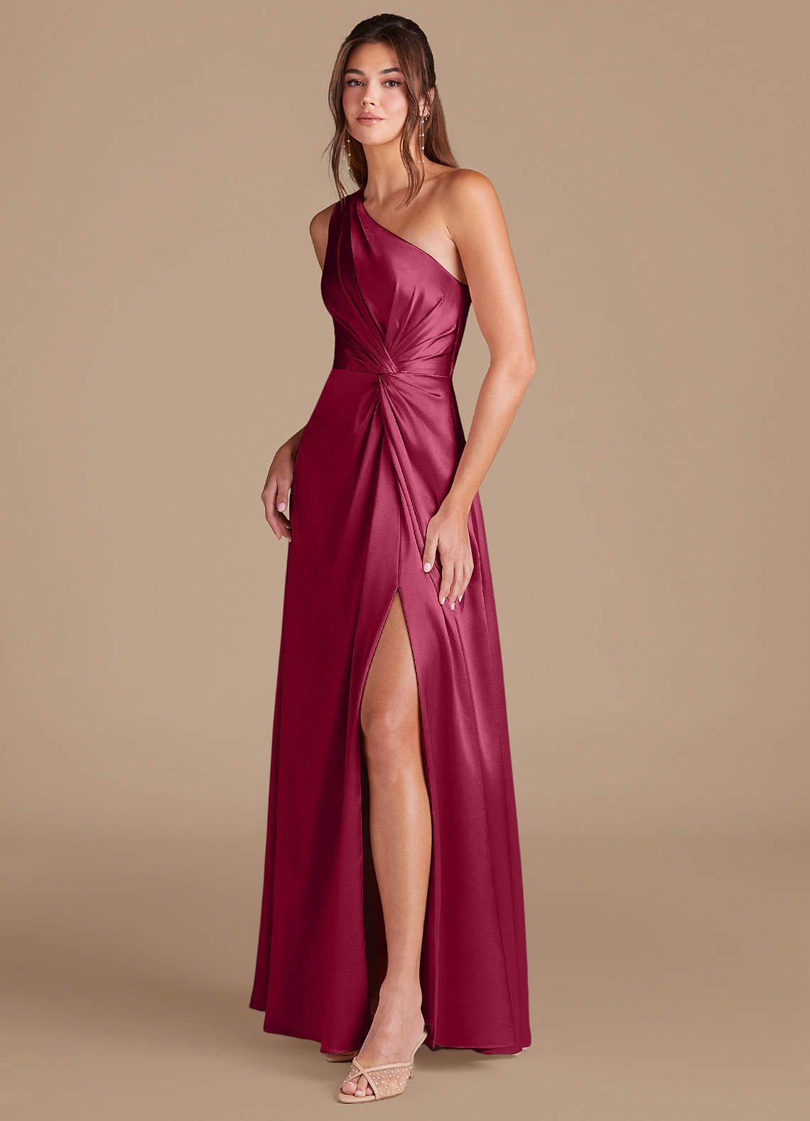 Brooke A-Line One-Shoulder Metallic Satin Bridesmaid Dress in Burgundy