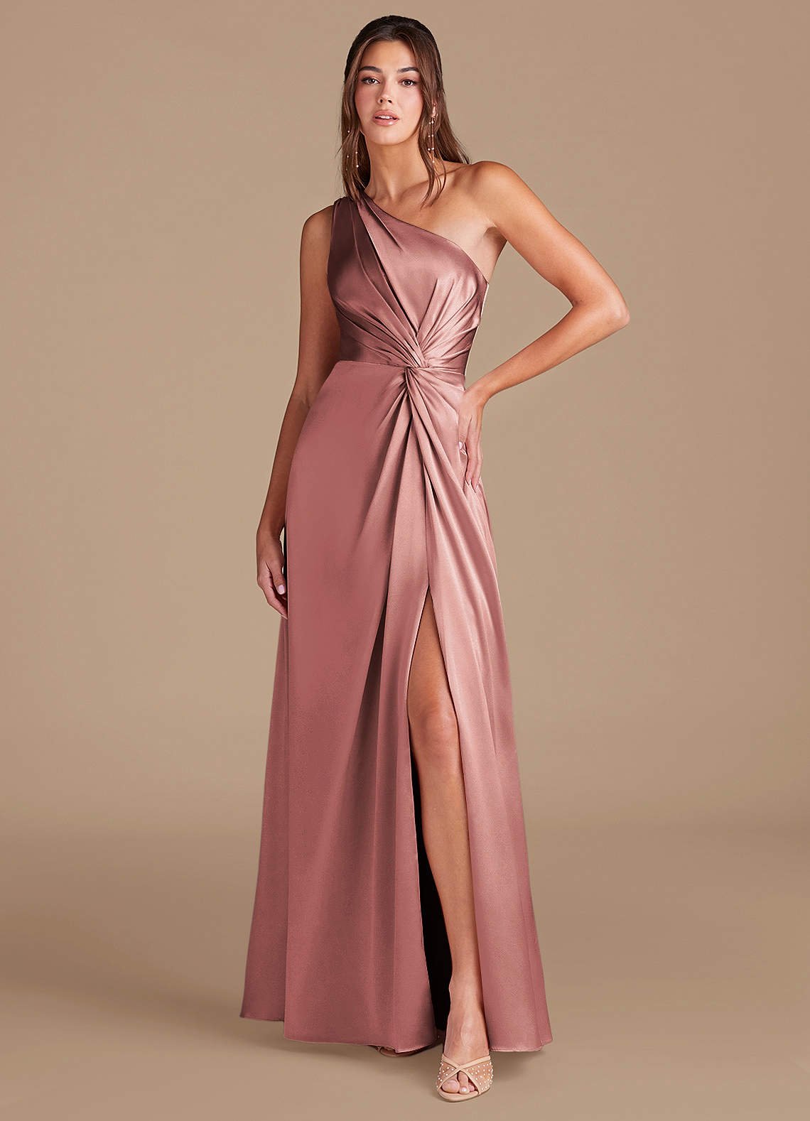 Brooke A-Line One-Shoulder Metallic Satin Bridesmaid Dress in dusty rose