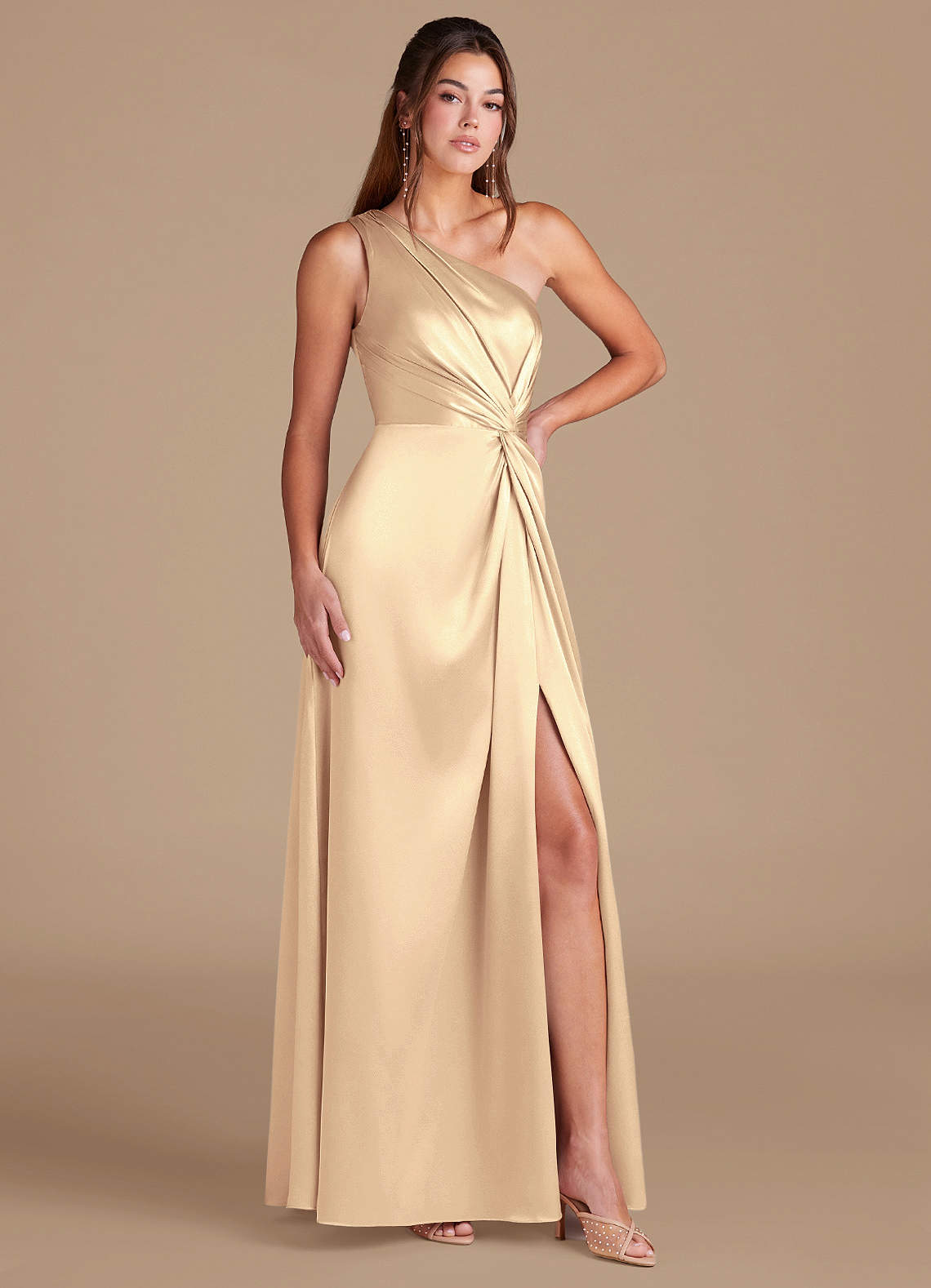 Brooke A-Line One-Shoulder Metallic Satin Bridesmaid Dress in Gold