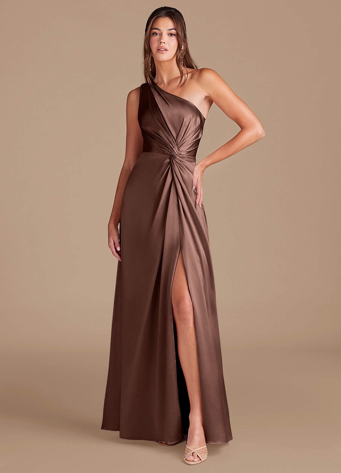 Brooke A-Line One-Shoulder Metallic Satin Bridesmaid Dress in Espresso
