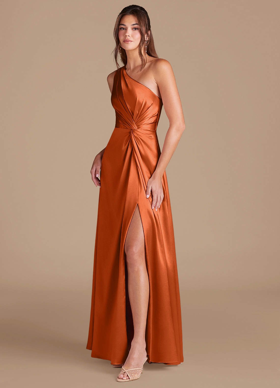Brooke A-Line One-Shoulder Metallic Satin Bridesmaid Dress in Burnt Orange
