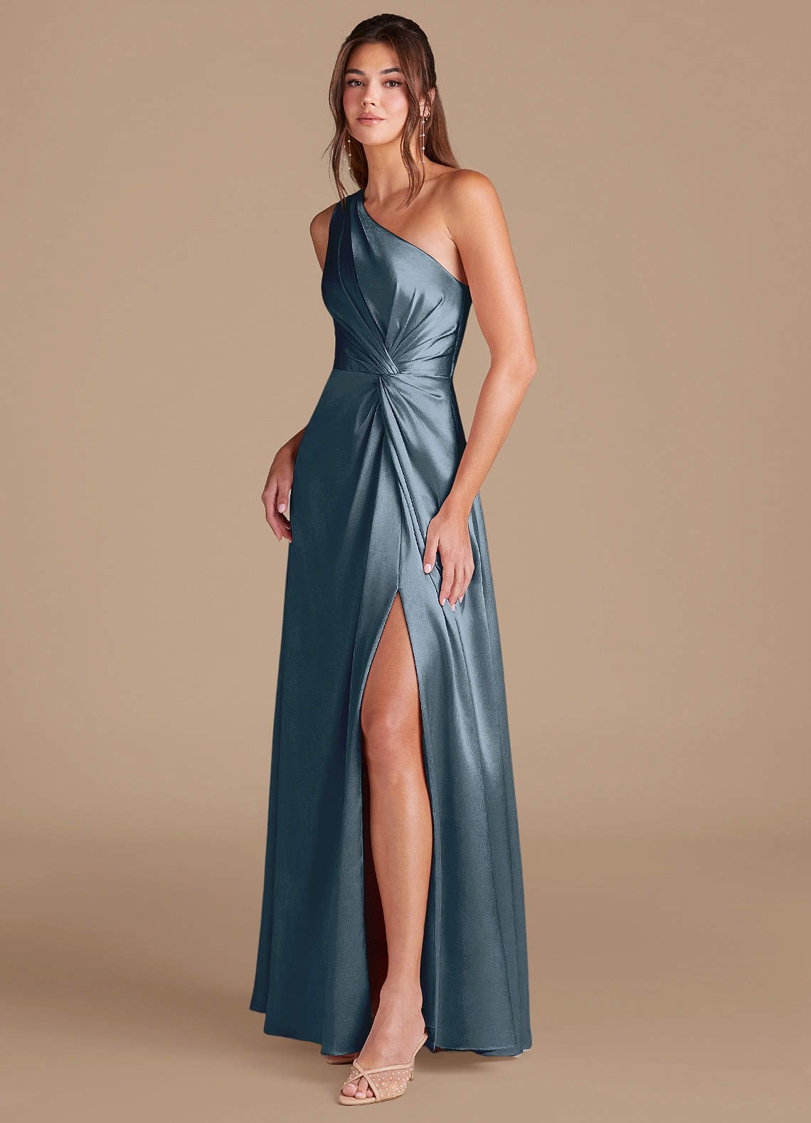 Brooke A-Line One-Shoulder Metallic Satin Bridesmaid Dress in Twilight