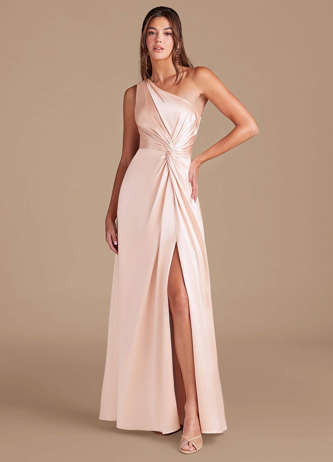 Brooke A-Line One-Shoulder Metallic Satin Bridesmaid Dress in rose gold