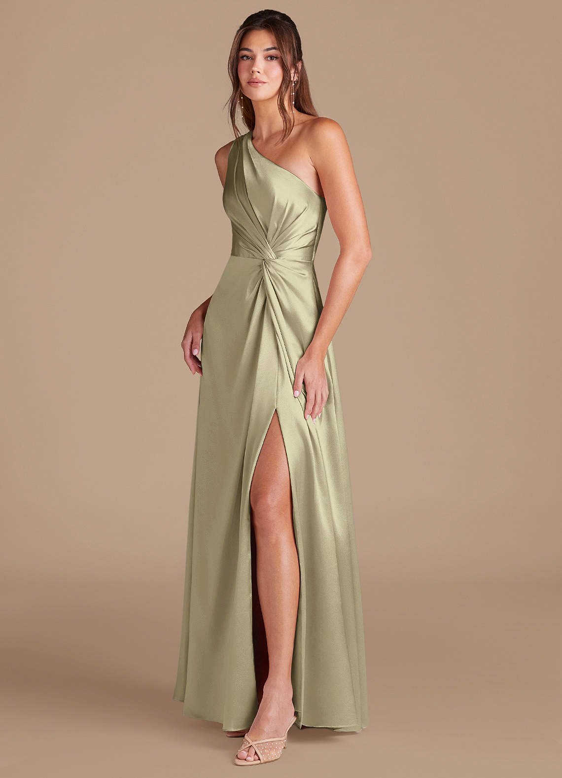 Brooke A-Line One-Shoulder Metallic Satin Bridesmaid Dress in Moss Green