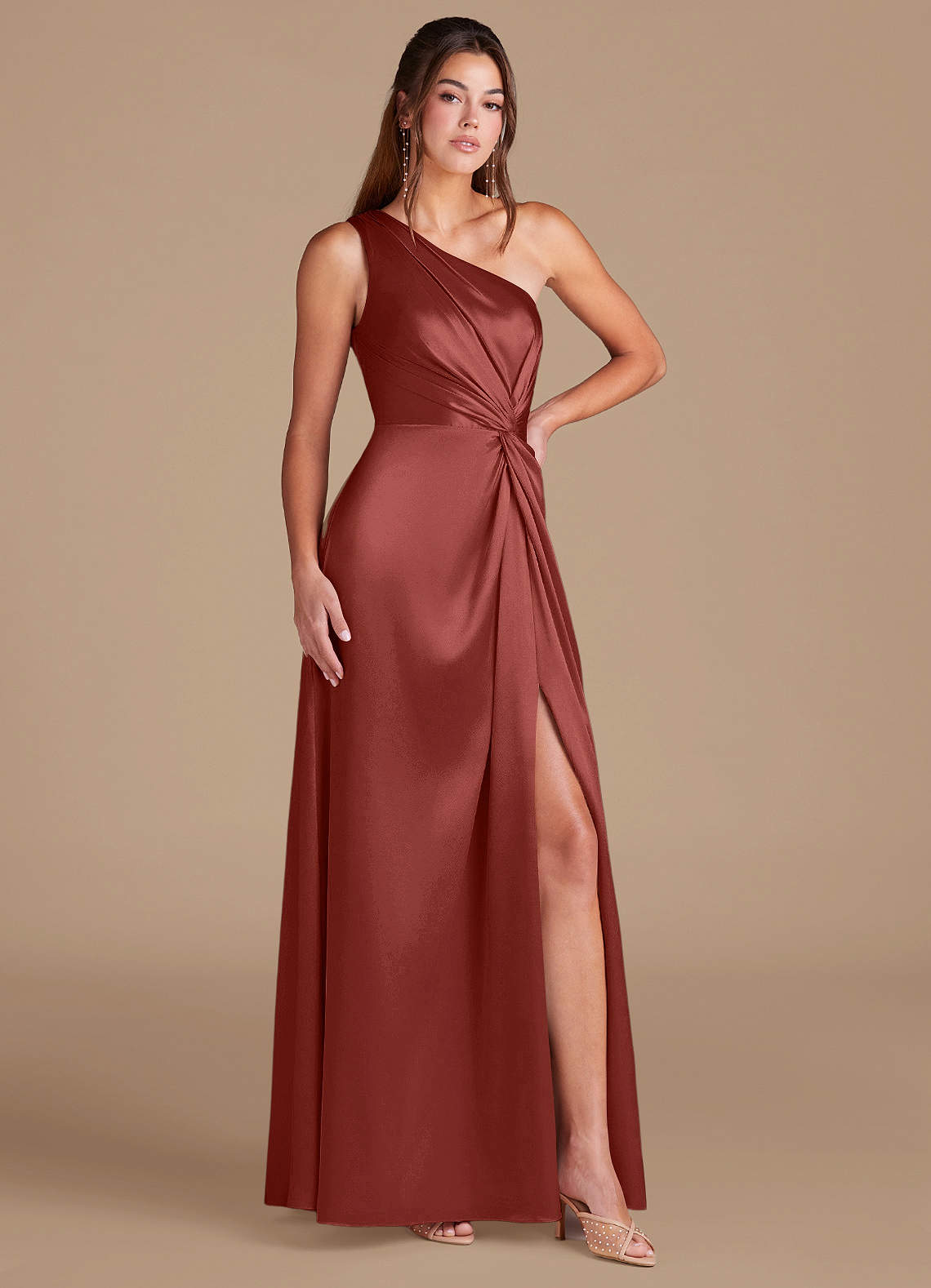 Brooke A-Line One-Shoulder Metallic Satin Bridesmaid Dress in Terracotta