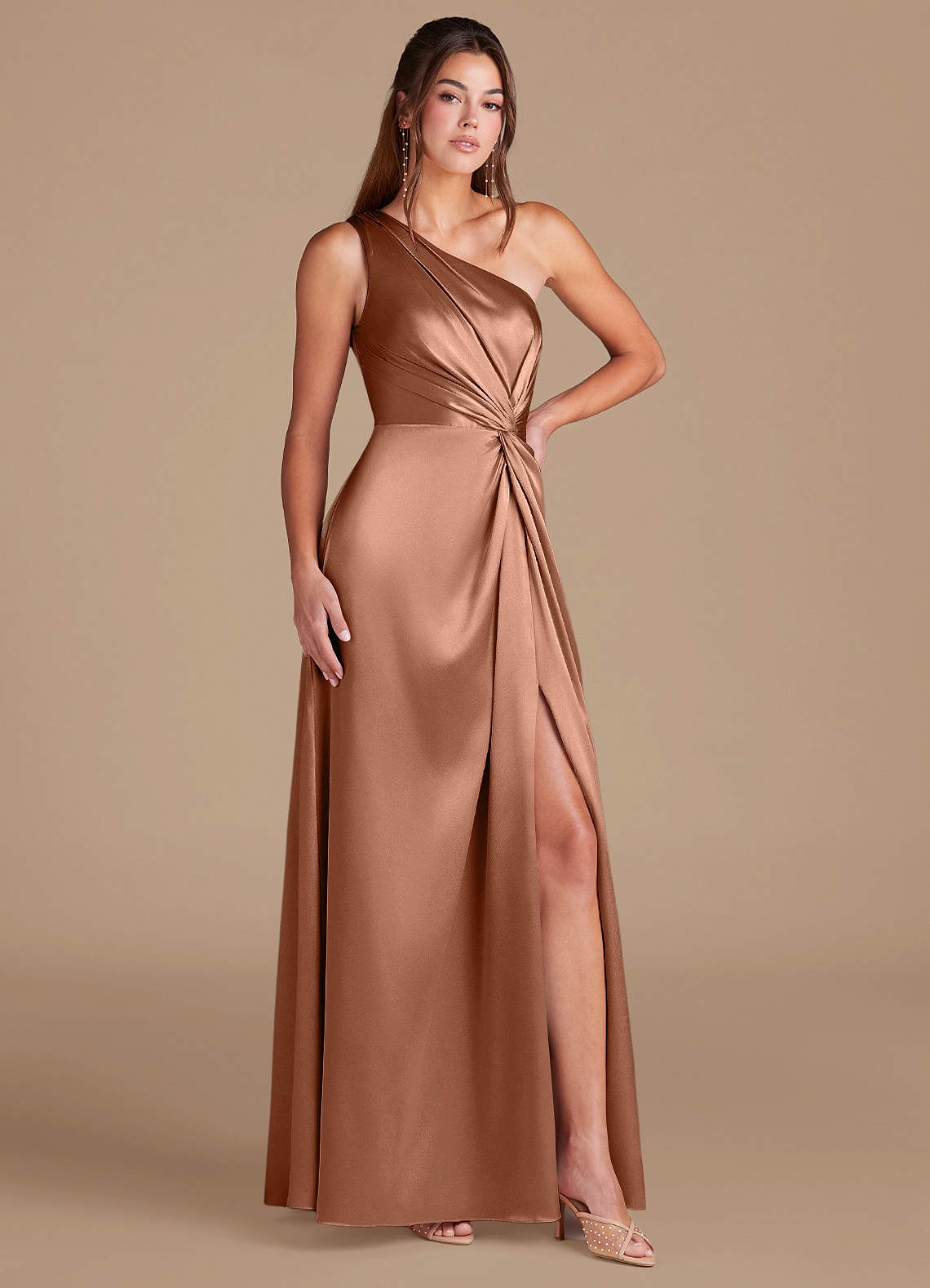 Brooke A-Line One-Shoulder Metallic Satin Bridesmaid Dress in Bronzer