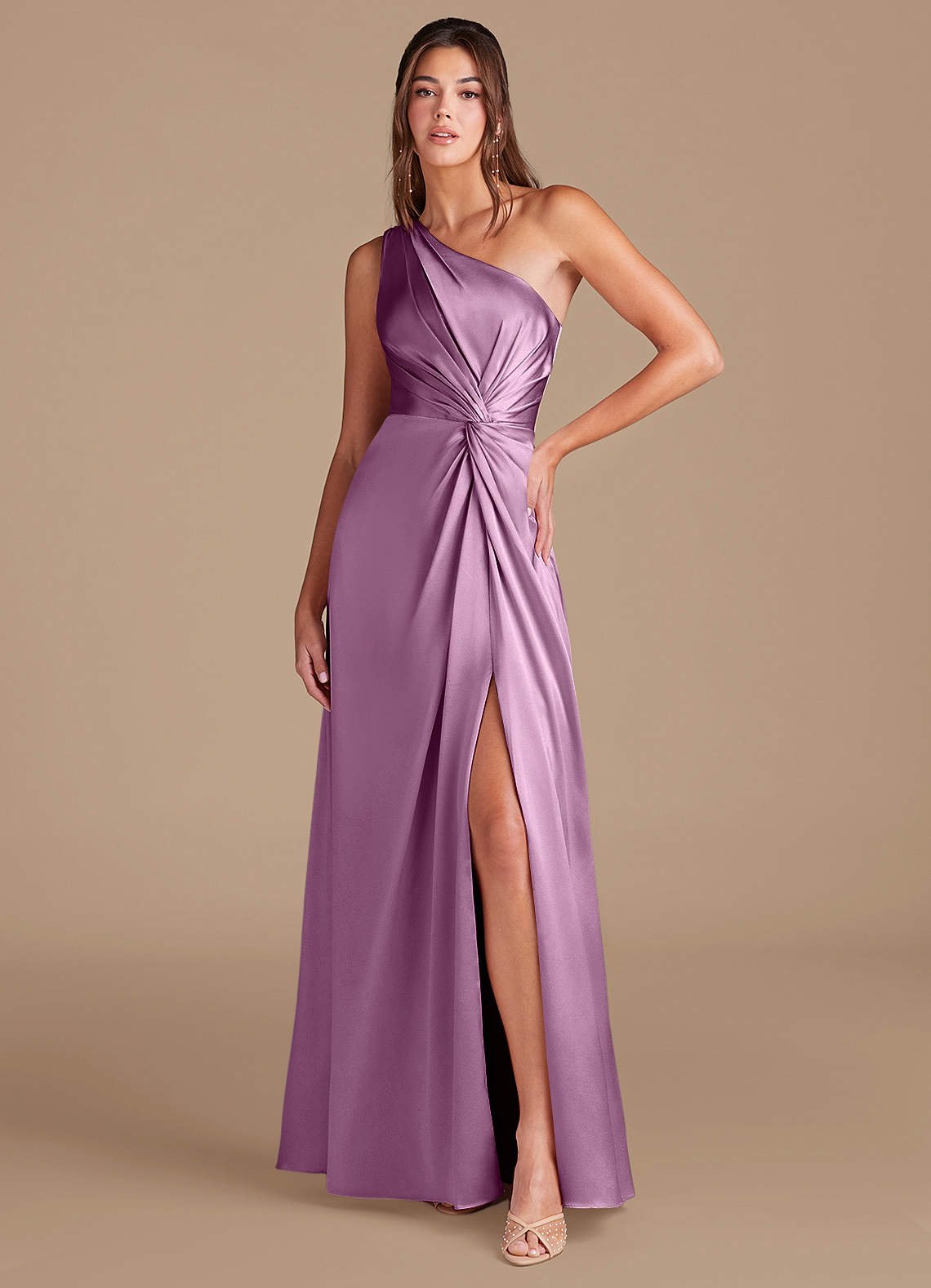 Brooke A-Line One-Shoulder Metallic Satin Bridesmaid Dress in Wisteria