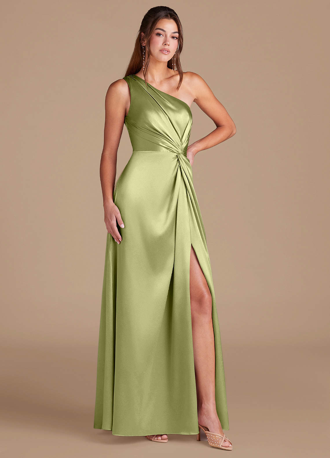 Brooke A-Line One-Shoulder Metallic Satin Bridesmaid Dress in Pistachio