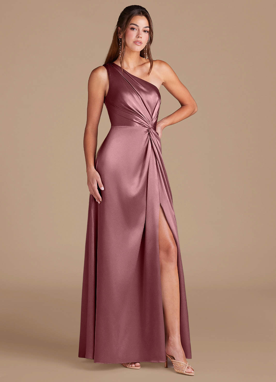 Brooke A-Line One-Shoulder Metallic Satin Bridesmaid Dress in Vintage Mauve