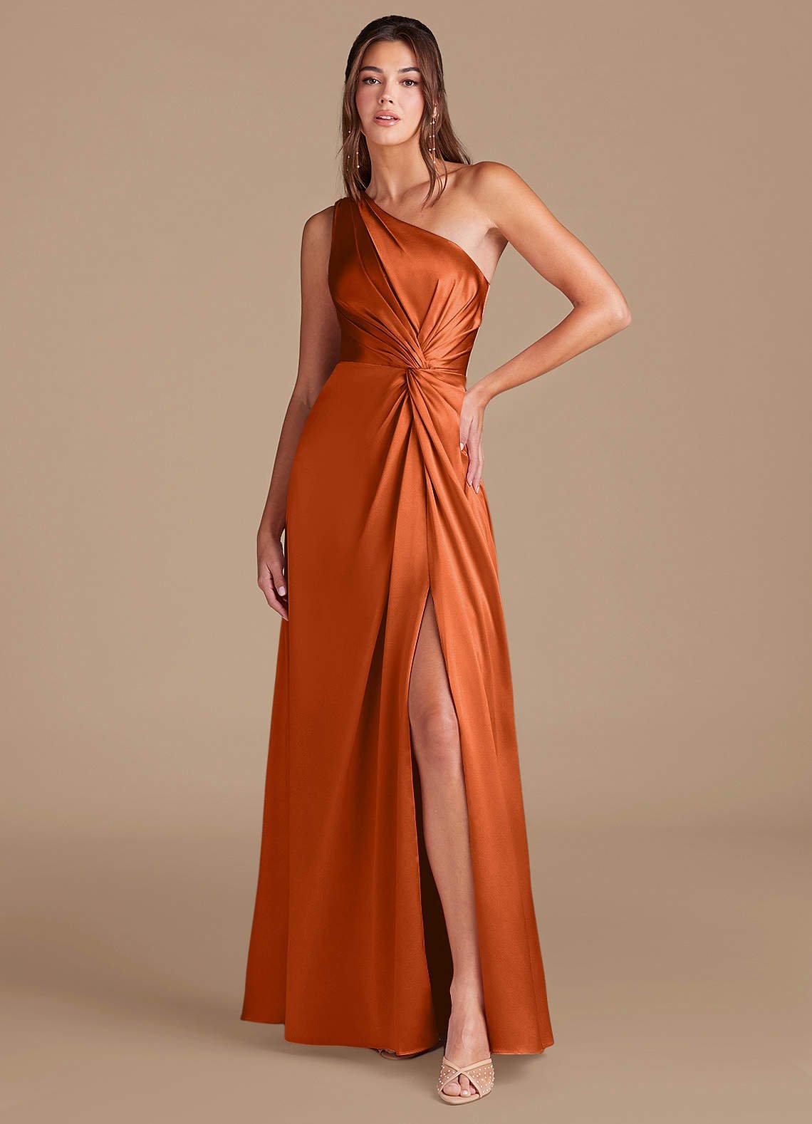 Brooke A-Line One-Shoulder Metallic Satin Bridesmaid Dress in Burnt Orange
