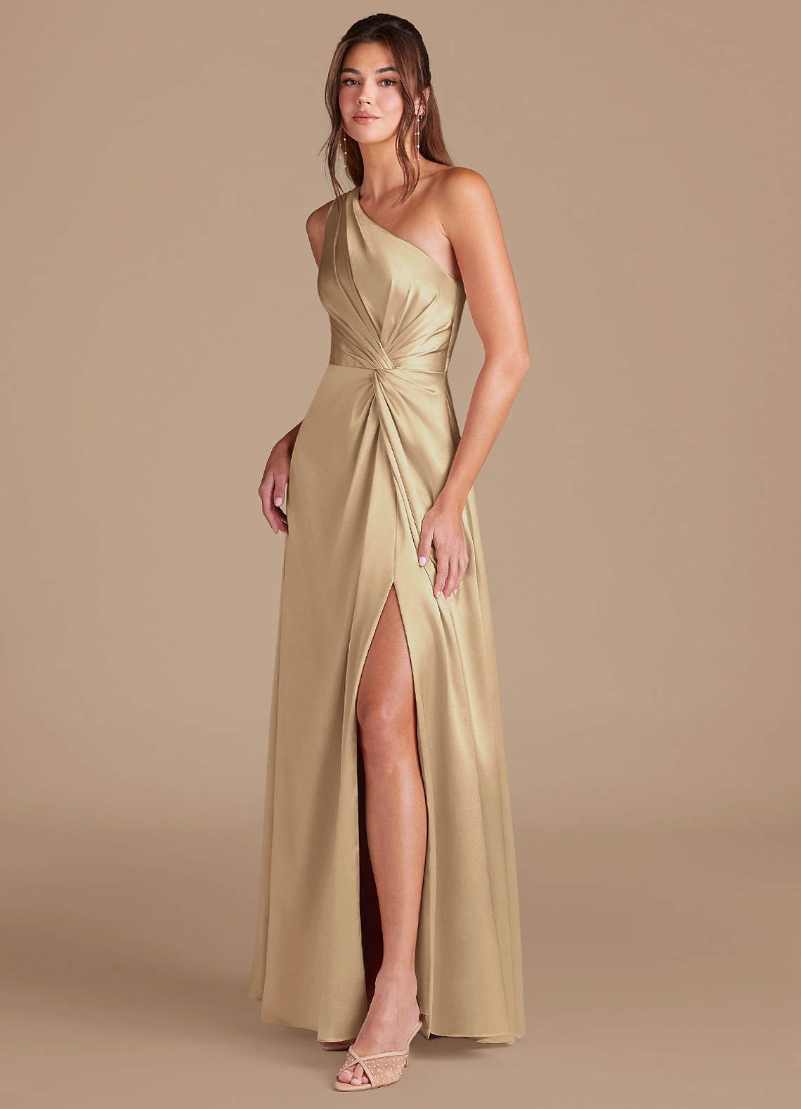 Brooke A-Line One-Shoulder Metallic Satin Bridesmaid Dress in Champagne