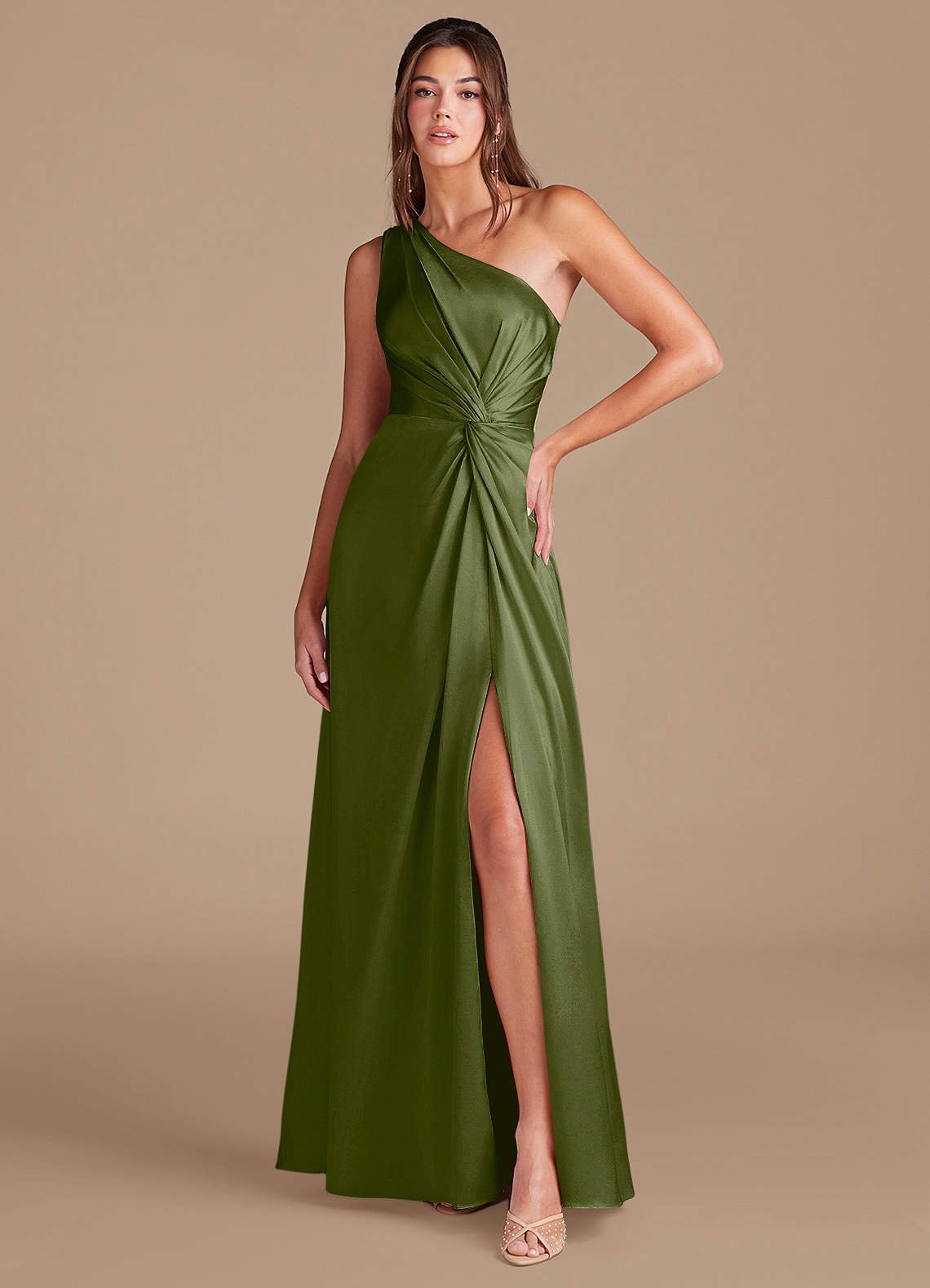 Brooke A-Line One-Shoulder Metallic Satin Bridesmaid Dress in Olive