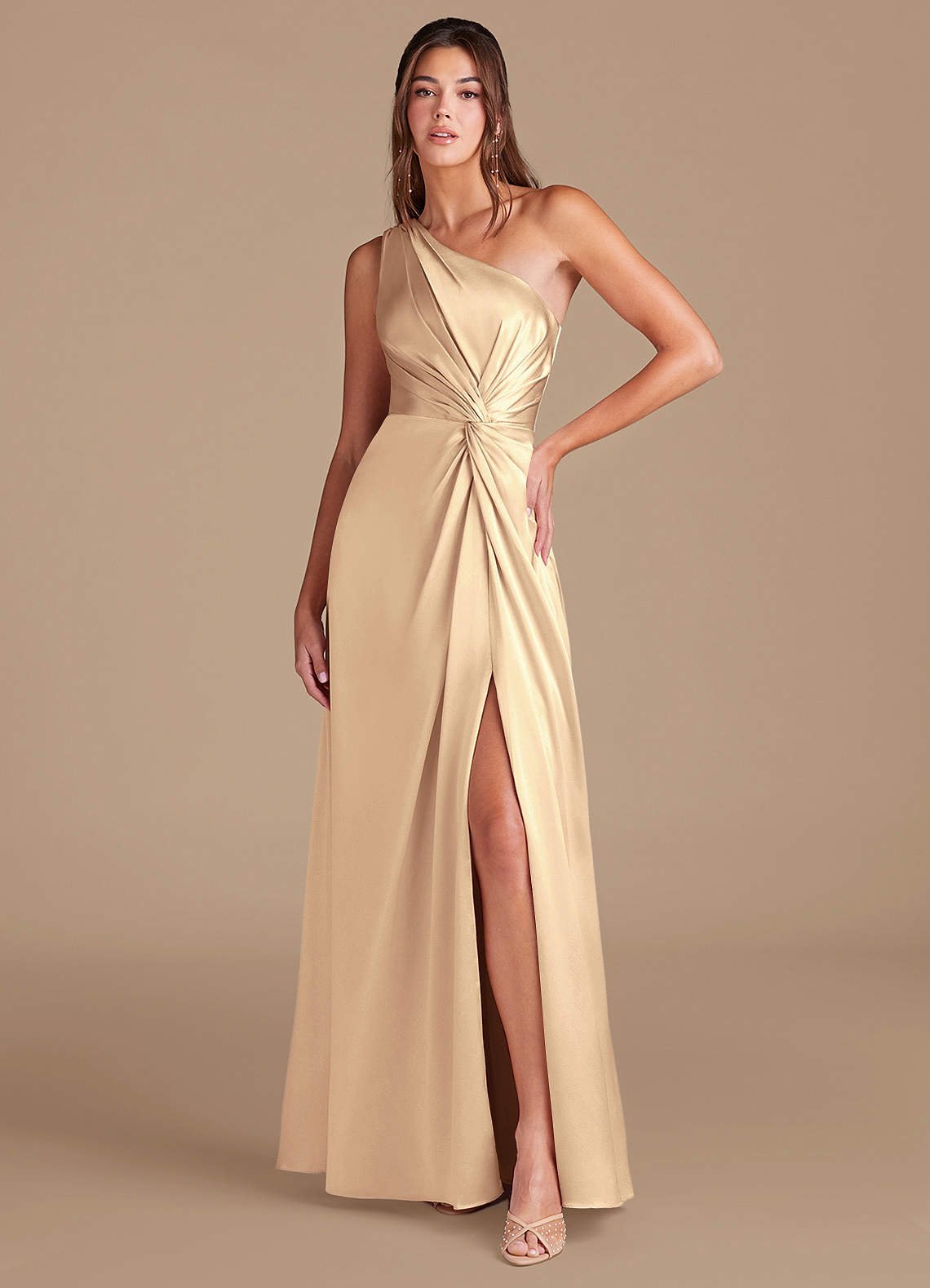 Brooke A-Line One-Shoulder Metallic Satin Bridesmaid Dress in Gold