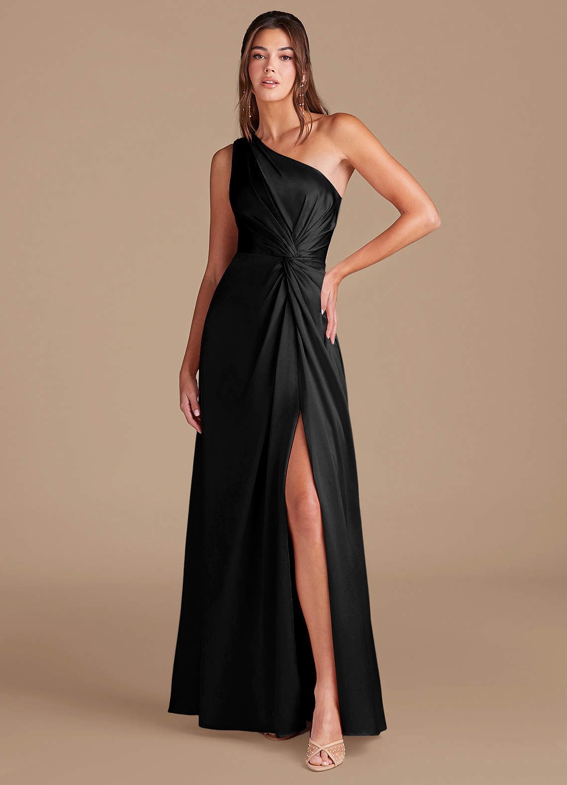 Brooke A-Line One-Shoulder Metallic Satin Bridesmaid Dress in black
