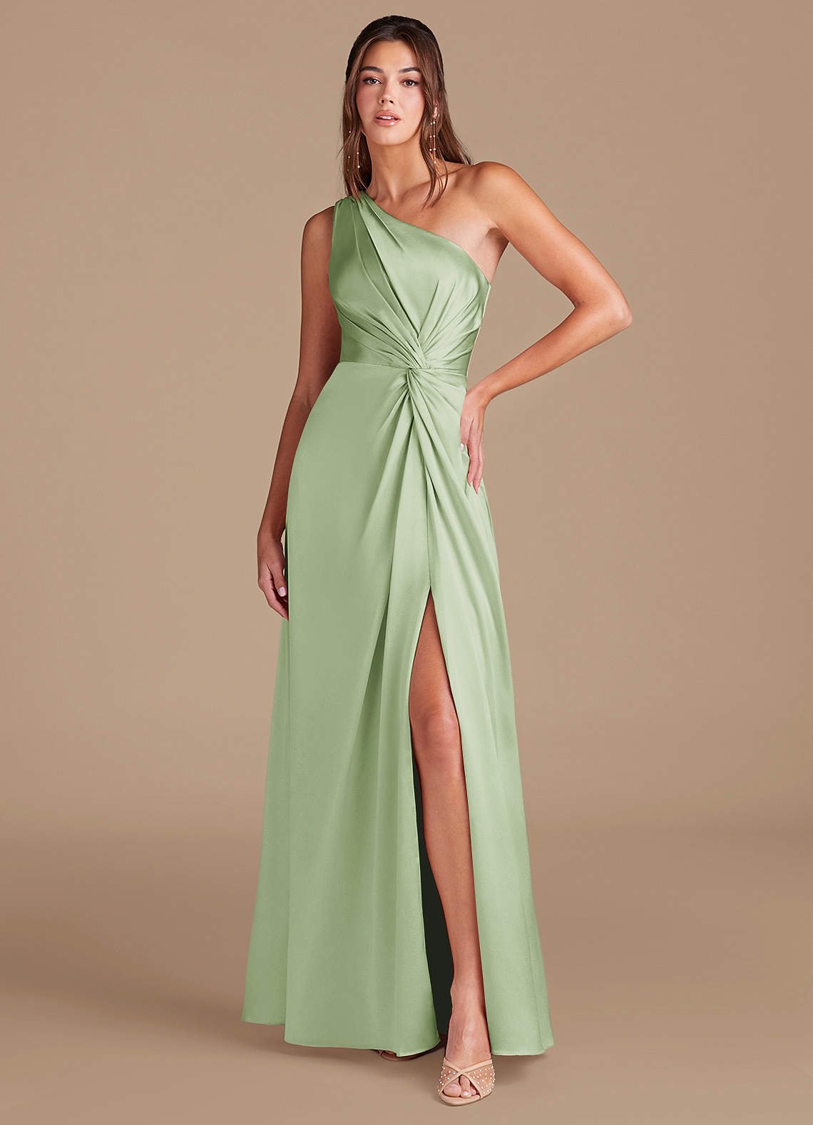 Brooke A-Line One-Shoulder Metallic Satin Bridesmaid Dress in Dusty Sage
