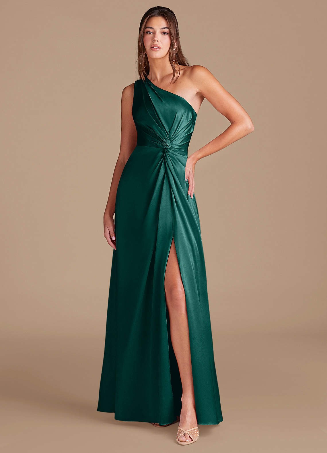 Brooke A-Line One-Shoulder Metallic Satin Bridesmaid Dress in Pine