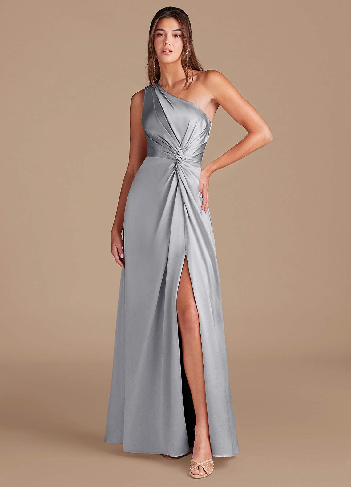 Brooke A-Line One-Shoulder Metallic Satin Bridesmaid Dress in Silver