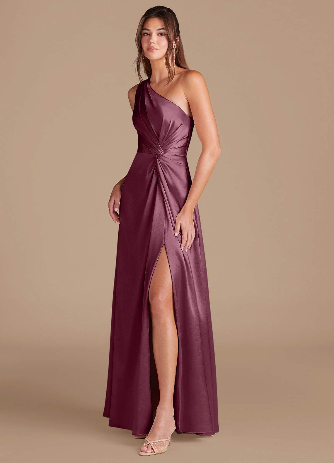 Brooke A-Line One-Shoulder Metallic Satin Bridesmaid Dress in Cabernet