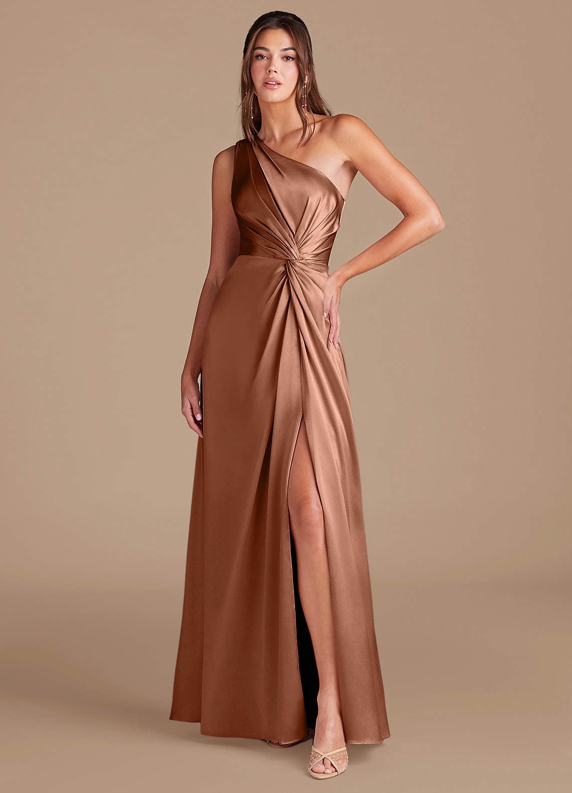Brooke A-Line One-Shoulder Metallic Satin Bridesmaid Dress in Bronzer
