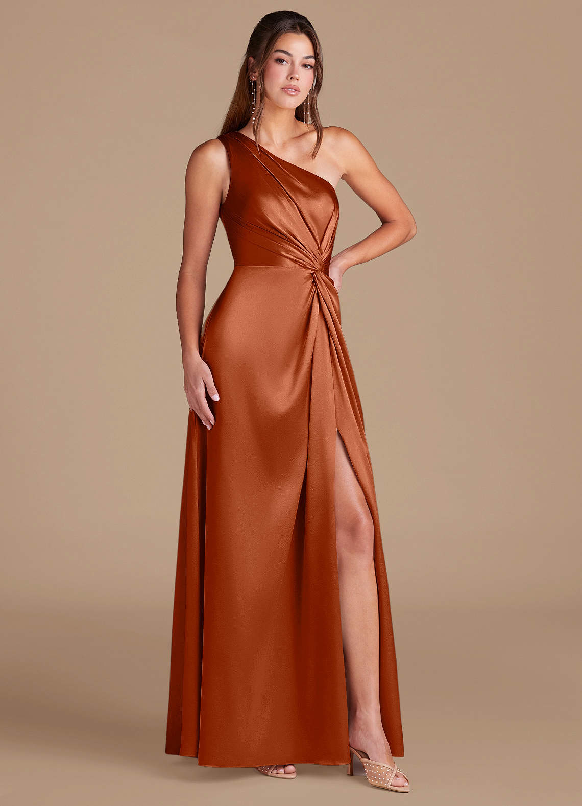 Brooke A-Line One-Shoulder Metallic Satin Bridesmaid Dress in Auburn