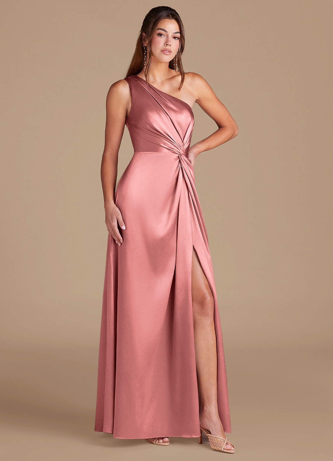 Brooke A-Line One-Shoulder Metallic Satin Bridesmaid Dress in Rosette