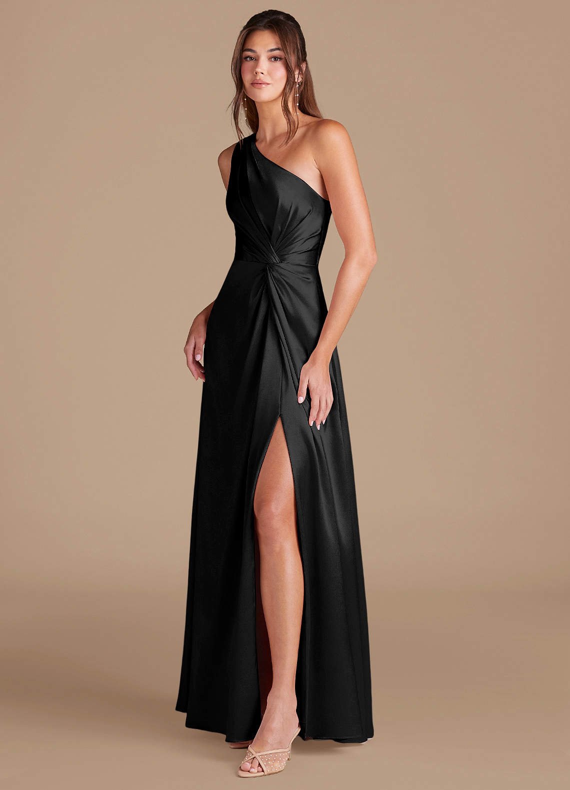 Brooke A-Line One-Shoulder Metallic Satin Bridesmaid Dress in black
