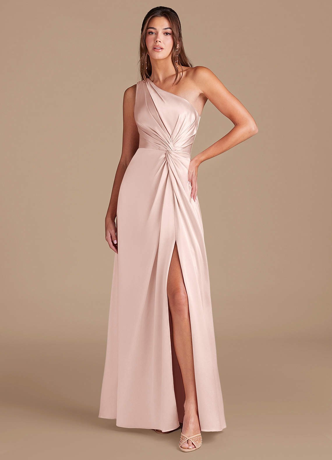 Brooke A-Line One-Shoulder Metallic Satin Bridesmaid Dress in Blushing Pink